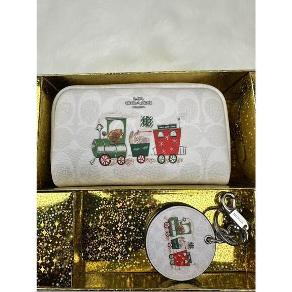 Coach Boxed Small Boxy Cosmetic Case Mirror Bag Charm Sign Canvas With Train NWT - Picture 1 of 3